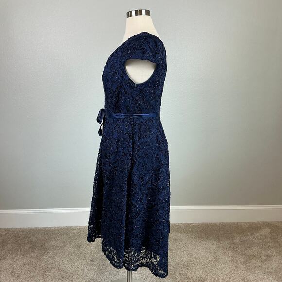Alex Evenings Beaded Lace Belted Fit and Flare Midi Cocktail Dress Blue Size 14W - Picture 6 of 12